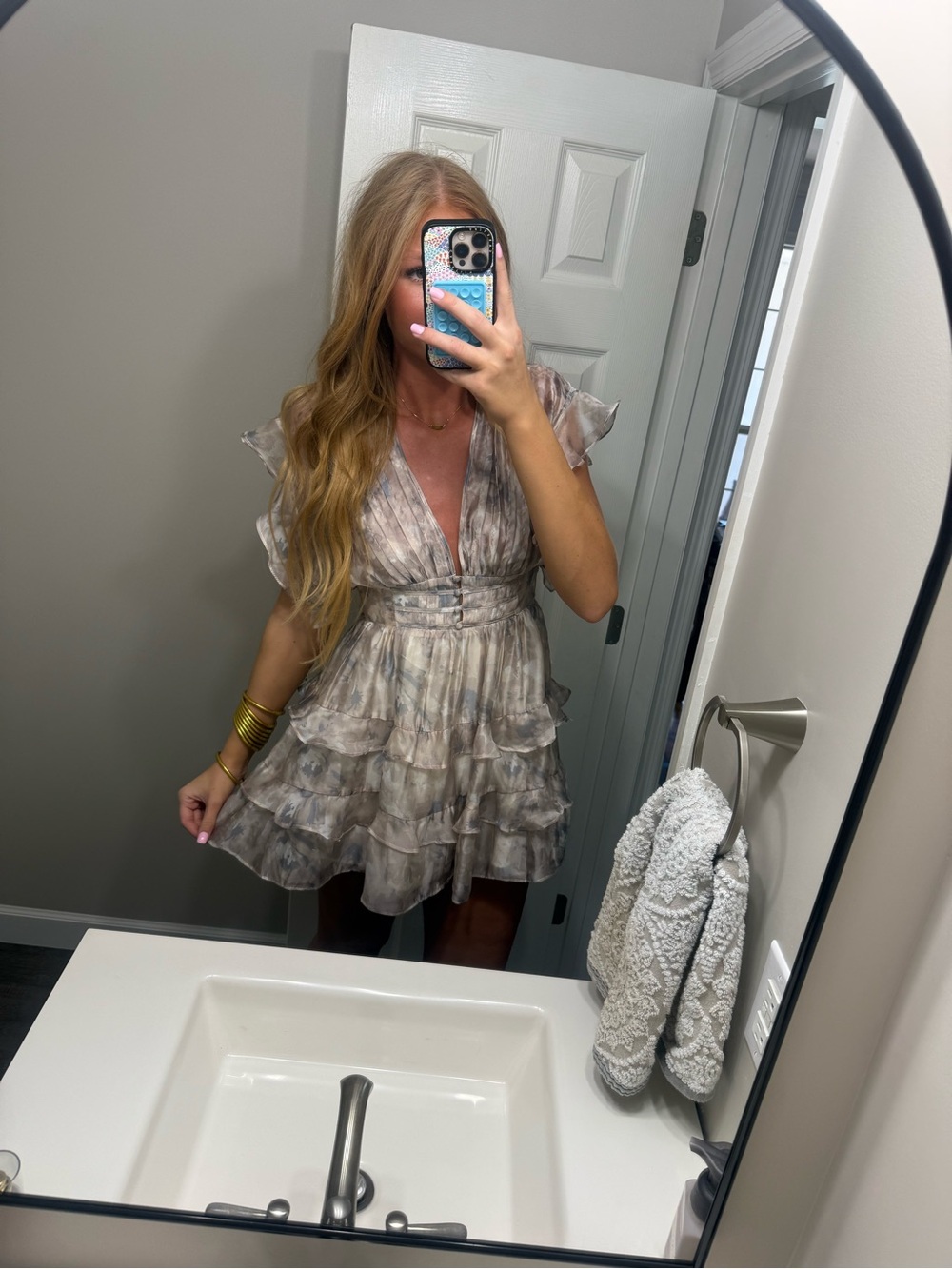 Beginning Boutique Neutral Tie-Dye Ruffle V-Neck Mini Dress